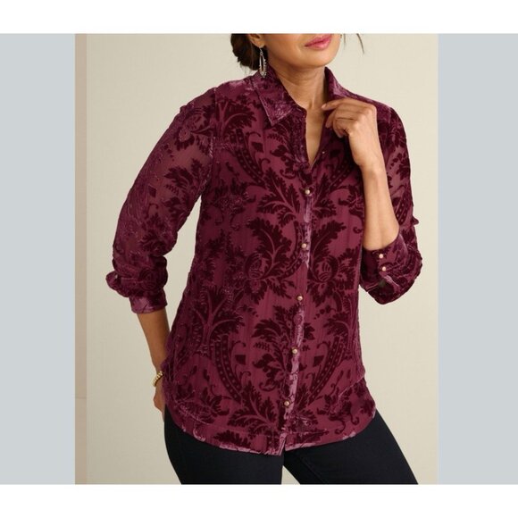 Soft Surroundings 1X Floreat Blouse Shirt Purple Floral Velvet Burnout Button Up - Picture 1 of 10